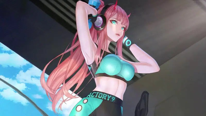 002, arts, darling in the franxx, anime girls, headphones, anime, zero tu, beautiful girl, track suit, horns, zero two, horny beauty Live Wallpaper
