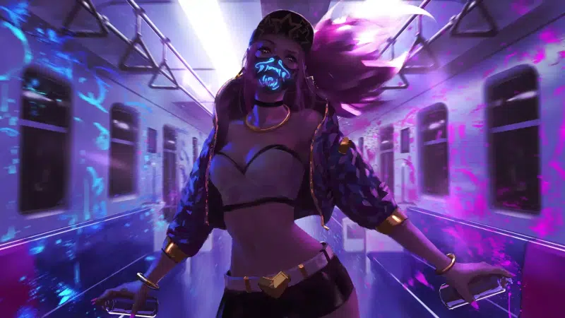akali, games, graffiti, a free killer, lol, anime girls, anime, a train, mask, arts, neon, league of legends, cap Live Wallpaper