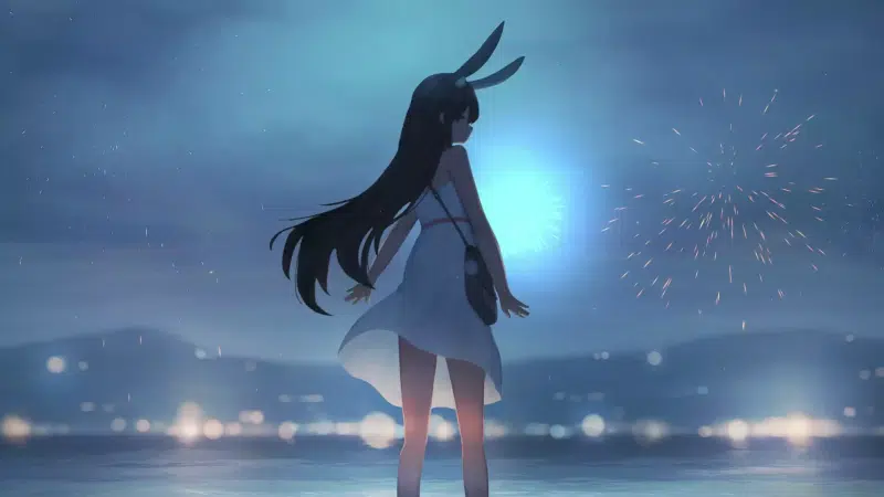 anime girls, ears, river, evening, arts, dress, firework, anime Live Wallpaper
