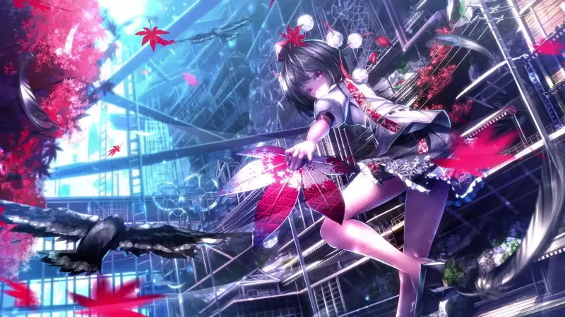 arts, petals, anime, fan, cities, aya shameimaru, a summer days dream, cute girl, bird, skirt, nice girl, anime girls Live Wallpaper