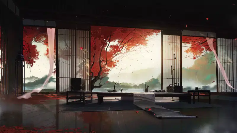 shoji, arts, room, lake, scroll, autumn, japan, landscapes - nature, petals, sakura Live Wallpaper