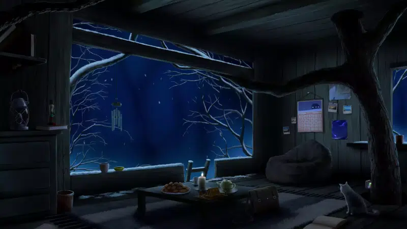 night, room, winter, tree house, snow, arts Live Wallpaper