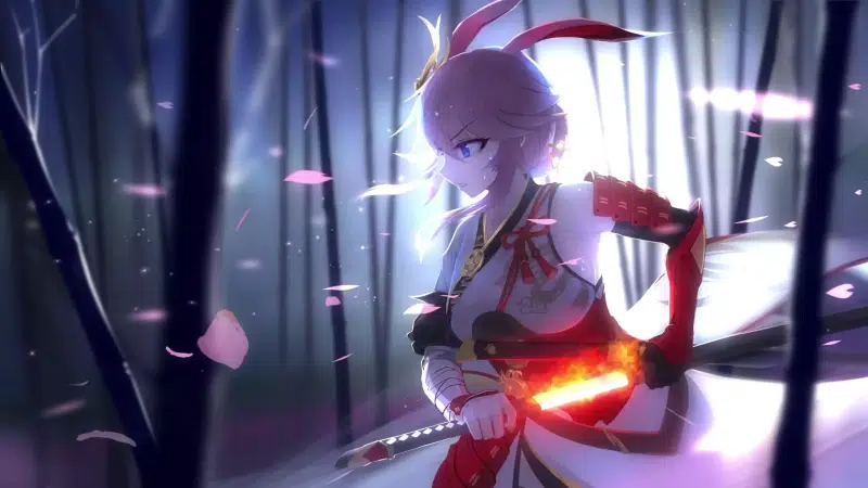 yae sakura, bamboo, anime, anime girls, arts, katana, ears, honkai impact, petals, games, samurai, flame sakitama Live Wallpaper