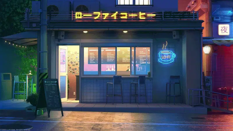 coffee house, street, lo-fi coffee shop, arts, night, the city at night, cities, night city Live Wallpaper