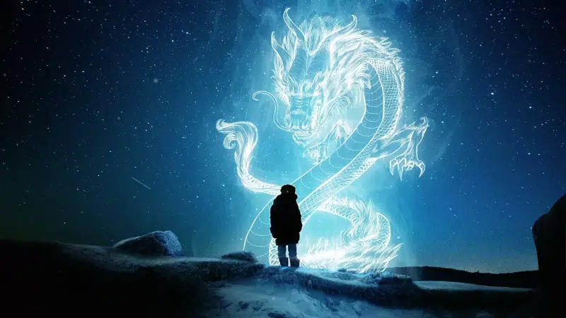 met the dragon, winter, arts, dragon, snow, stars, starry sky Live Wallpaper