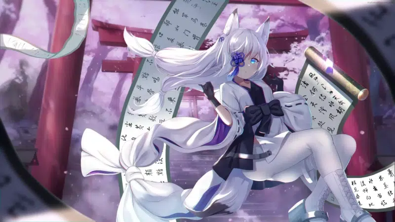 winter, kasumi, arts, anime girls, tights, scroll, torii, games, anime, tail, snow, gloves, the azure way, azur lane, ears Live Wallpaper