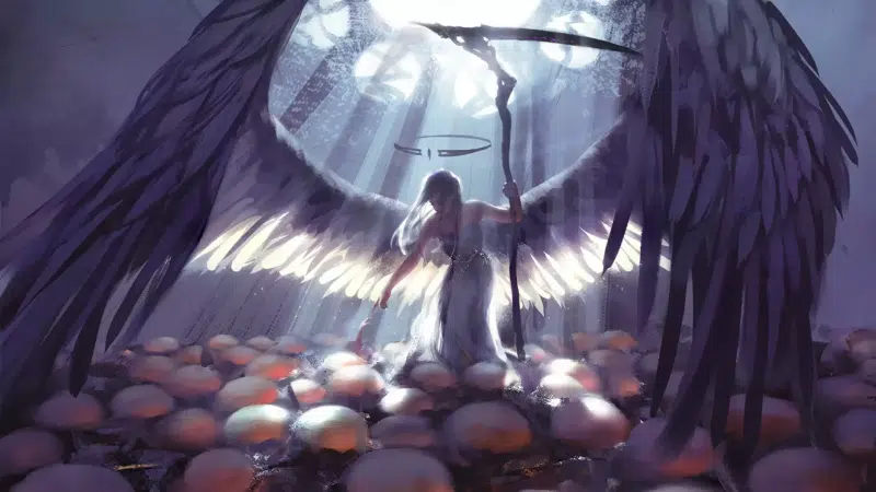 arts, anime, scythe, anime girls, angel, wings, halo Live Wallpaper