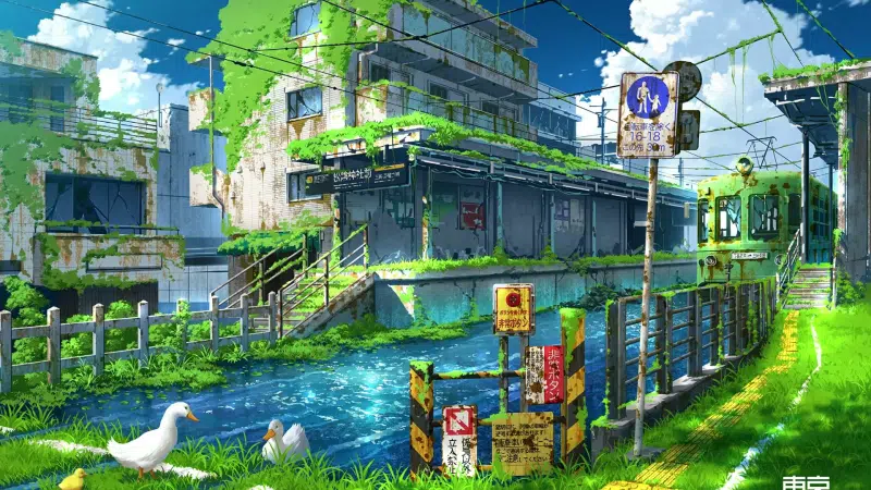 ruins, anime, train station, abandoned train station, river, arts, dystopia, thickets, apocalypse - post-apocalypse, japan in the grass Live Wallpaper