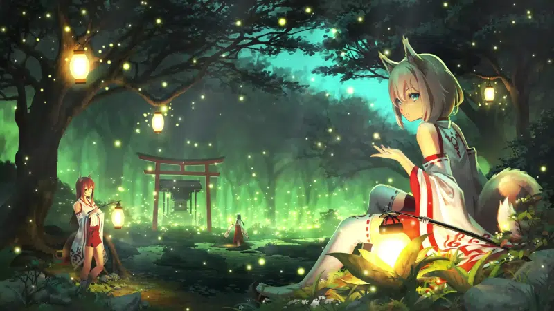 the fox girl, arts, fireflies, torii, tail, anime, evening, forest, cat girl, neko, anime girls, ears Live Wallpaper