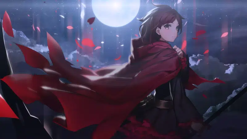 night, rwby, ruby rose, anime girls, petals, ruby rose, red white black yellow, anime, full moon, arts, moon Live Wallpaper