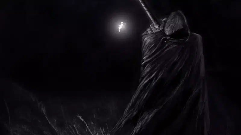 berserk, raincoat, anime, cape, sword, black background, fairy, arts Live Wallpaper