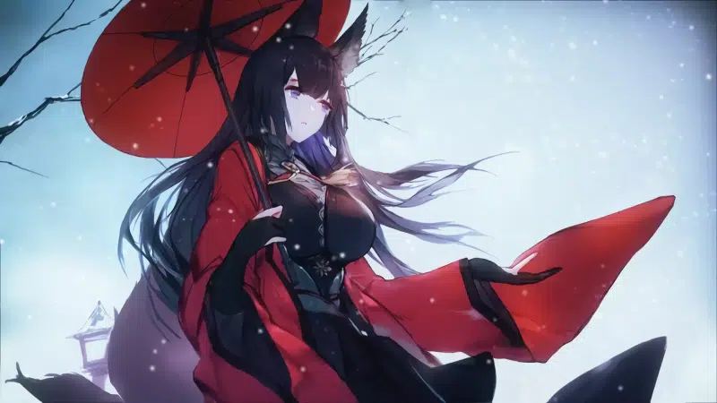 azur lane, winter, amagi, arts, ears, anime, snow, games, anime girls, cute girl, the azure way, cute little fox, umbrella, big breasts Live Wallpaper