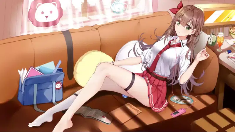 anime girls, virtual youtuber, school bag, school uniform, player, girl on the couch, kira, smile, headphones, skirt, anime, arts Live Wallpaper