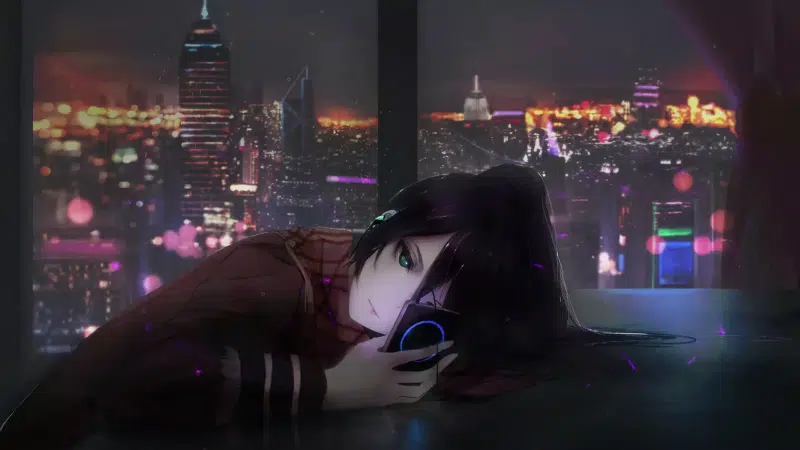 cities, night, the city at night, firework, player, by the window, arts, the city from the window, headphones, anime girls, anime Live Wallpaper