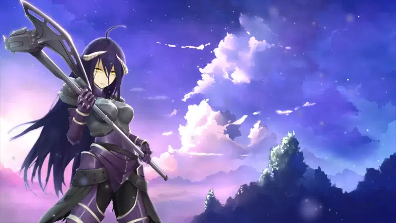 succubus, anime girls, axe, sky, horns, succubus, axe, anime, albedo, arts, evening, lord Live Wallpaper