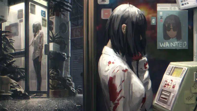 arts, anime, can you help me, a girl in trouble, wanted, phone booth, guweiz, wanted, anime girls Live Wallpaper