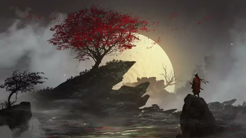 lone samurai, sakura, arts, samurai, moon, katana, sword Live Wallpaper