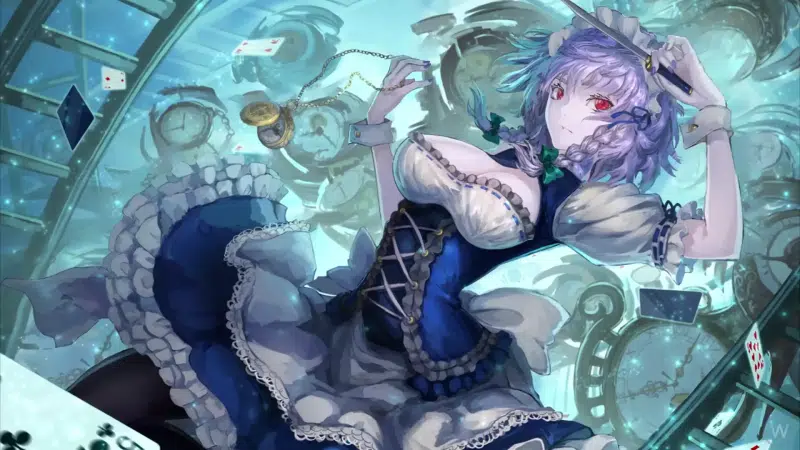 big breasts, sakuya izayoi, a summer days dream, watch, anime, red eyes, anime girls, arts, maps Live Wallpaper