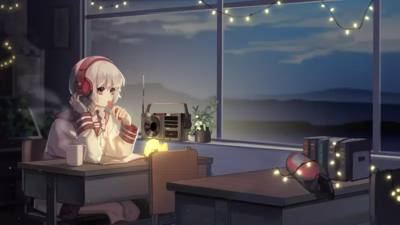 headphones, radio, anime girls, school uniform, anime, arts, desk, garlands, night, girl with headphones, school Live Wallpaper