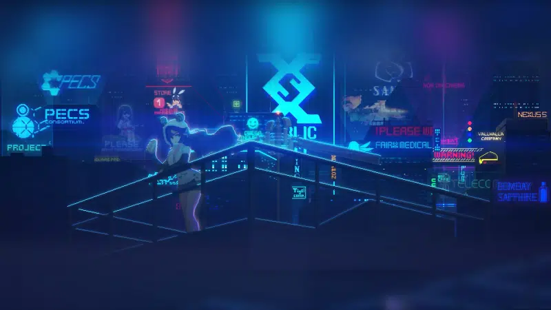 pixel art, yumi, cyberpunk, the azure way, the girl on the roof, azur lane, the city at night, neon, anime girls, arts, games, cities, connector yumi, anime Live Wallpaper