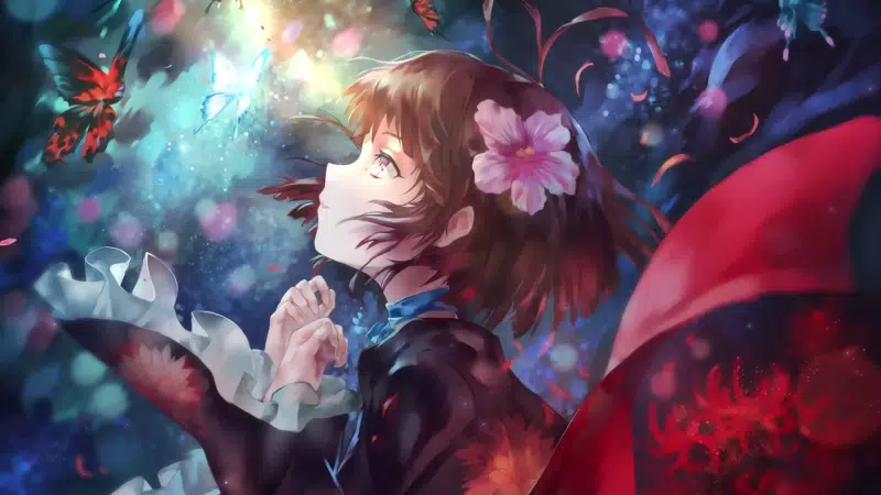 mumei, anime girls, arts, flower, butterflies, mumei, kabaneri of the iron fortress, kabaneri of the iron fortress, anime Live Wallpaper