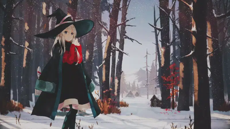 anime, elaina, anime girls, sweet little witch, nice girl, arts, witch, the journey of elaina, forest, winter, snow Live Wallpaper