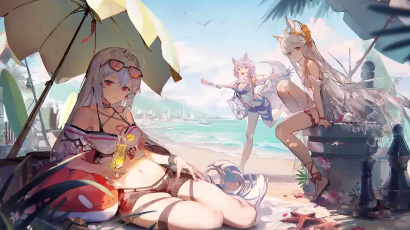 anime, games, arknights, beach, arts, skadi, girls on the beach, platinum, provence, beach, anime girls Live Wallpaper