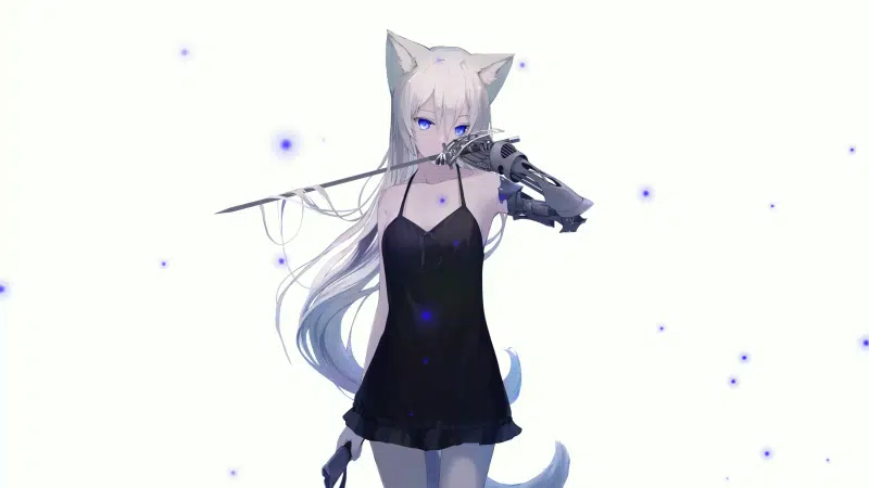 nice girl, arts, anime girls, anime, saber, neko, mechanical arm, rapier, sword, beautiful girl, cat girl, ears, tail Live Wallpaper