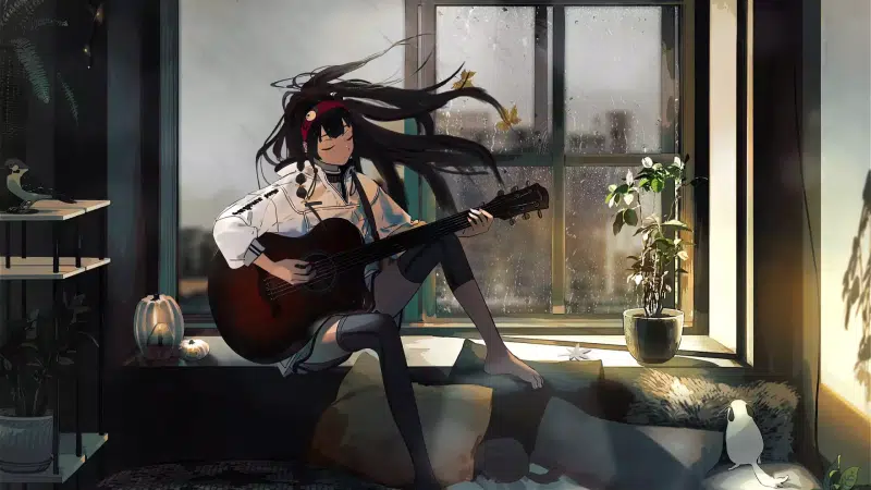 anime, room, rain, girl with a guitar, guitar, anime girls Live Wallpaper