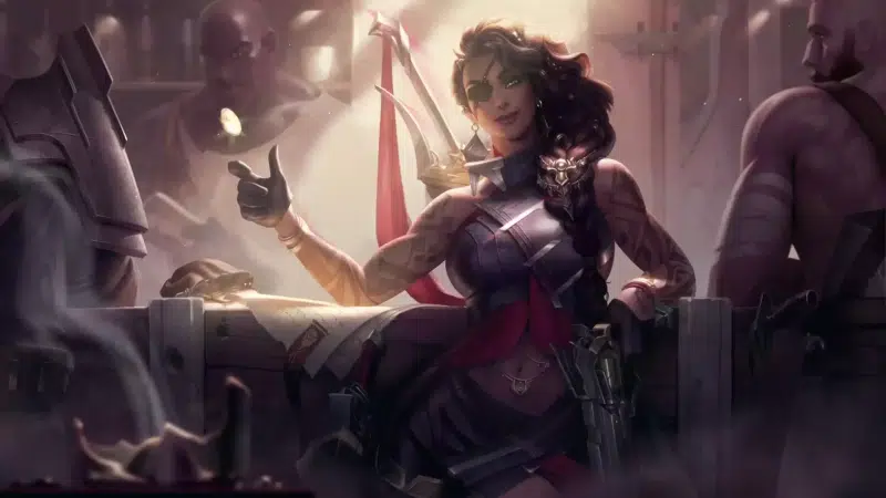 lol, samira, weapon, coin, league of legends, sword, anime, anime girls, bar, eye patch, arts, tattoo, games, desert rose Live Wallpaper