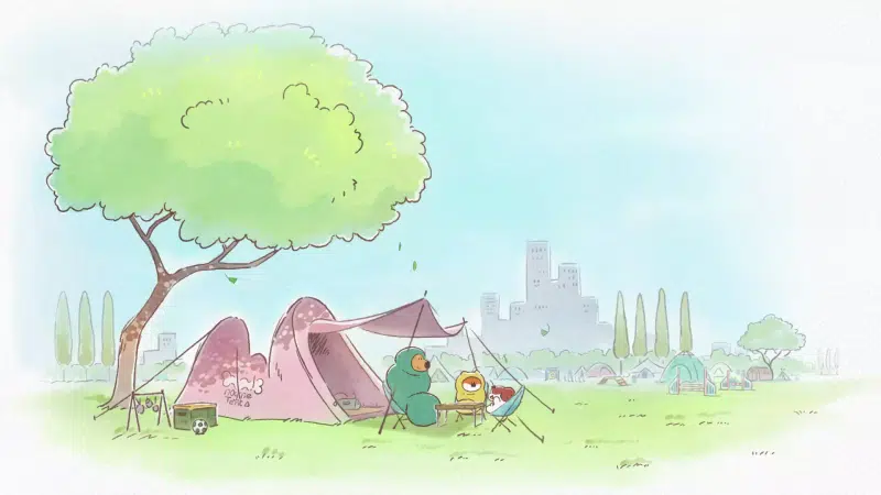 forest, dog, corgi, cartoons, drawing, lawn, wind, tent, arts, tree, the clouds, animals Live Wallpaper