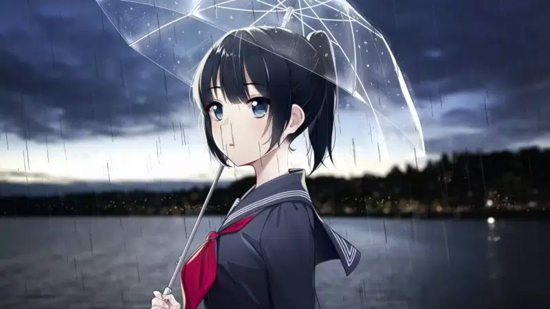 nice girl, anime, the city at night, rain, umbrella, cute girl, evening, school uniform, anime girls Live Wallpaper