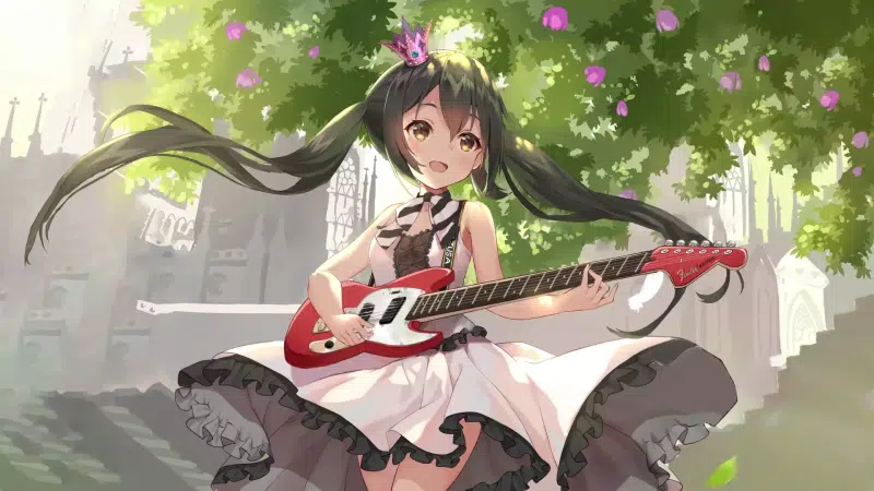 loli, anime girls, guitar, anime, anime playing music, dress, electric guitar Live Wallpaper