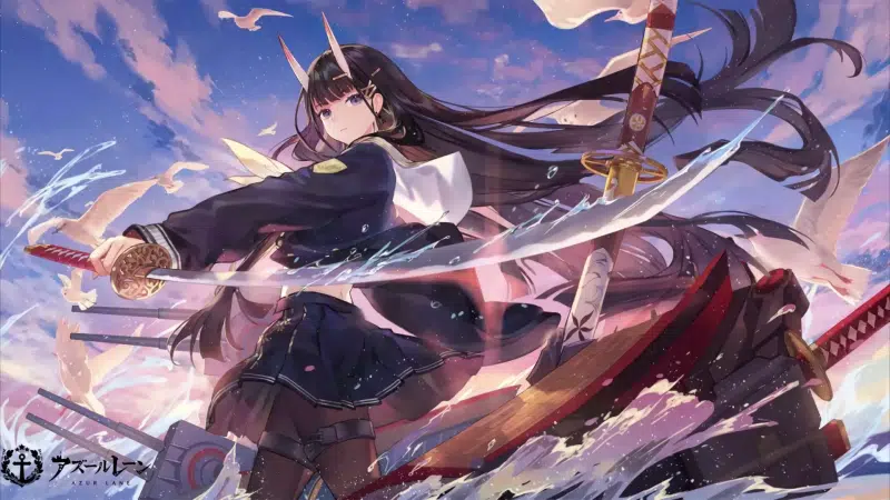 horns, azur lane, katana, anime girls, games, arts, noshiro, bird, military uniform, the azure way, anime, sky Live Wallpaper