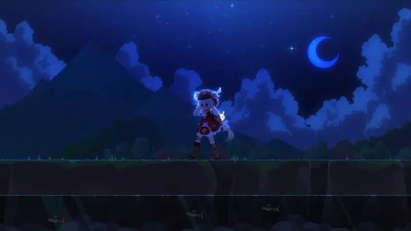a girl on a walk, games, river, genshin impact, day, moon, night, kli, pixel art, the sun, klee, anime girls, fish, mountains, walk, anime Live Wallpaper