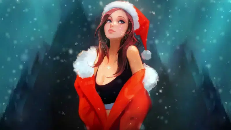 winter, santa girl, anime, cute santa girl, cute, new year, new years hat, snow, anime girls, arts Live Wallpaper