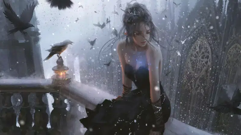 snow, winter, wlop, balcony, dress, elf, anime, arts, anime girls, bird Live Wallpaper