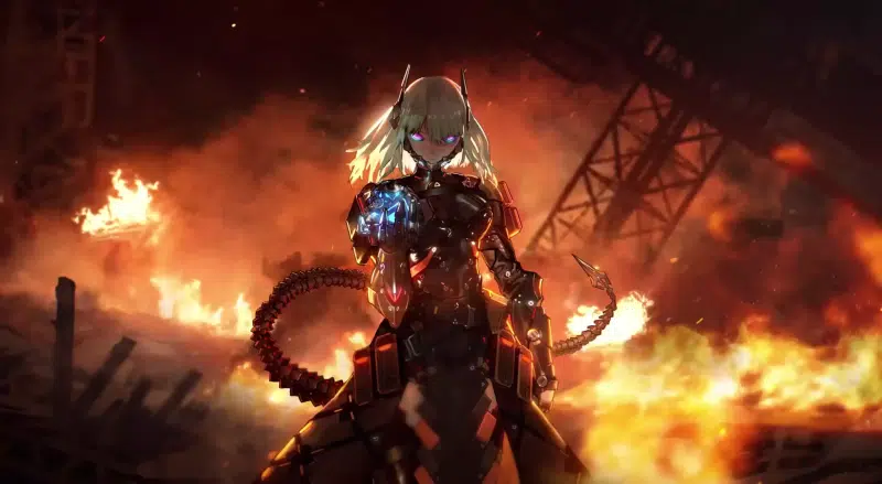 arts, nice girl, fantasy, the girl in armor, armor, drone, anime girls, fire, technologies, the ruined city, anime, disaster, burning city Live Wallpaper