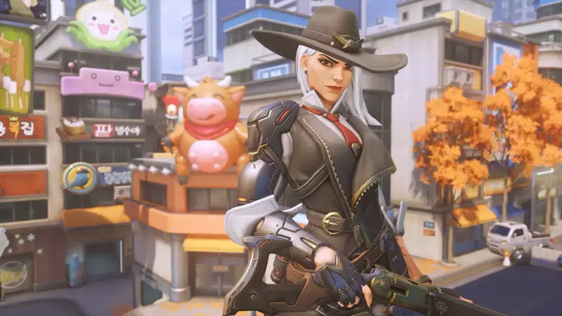 cities, overwatch, games, anime, ashe, weapon, street, anime girls, cowboy girl Live Wallpaper