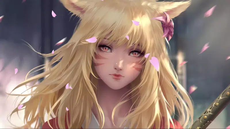 blond hair, nine - tailed fox, ears, anime, petals, orange eyes, long hair, katana, anime girls, flower, ahri, games, fantasy Live Wallpaper