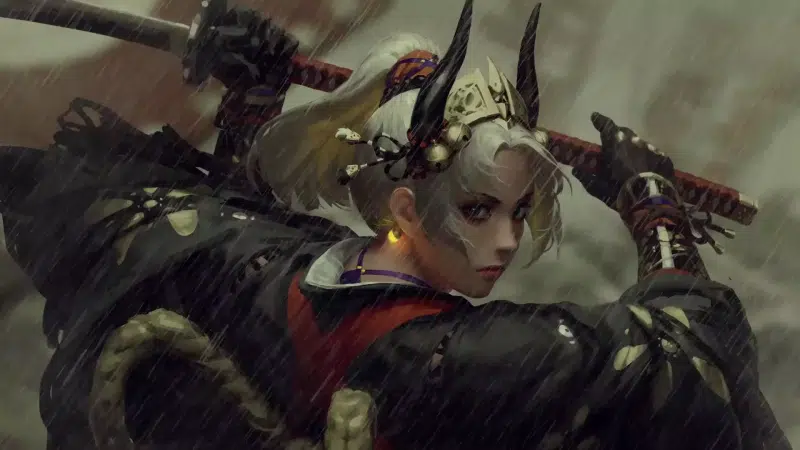 horns, katana, anime, long hair, guweiz, arts, blond hair, blue eyes, anime girls Live Wallpaper