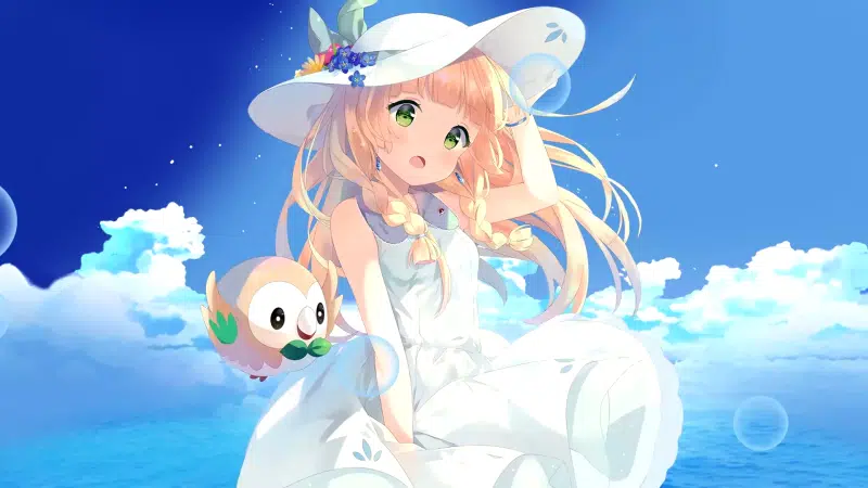 anime, anime girls, sky, bird, ocean, green eyes, loli, bubbles, blond hair, long hair, dress, sea Live Wallpaper