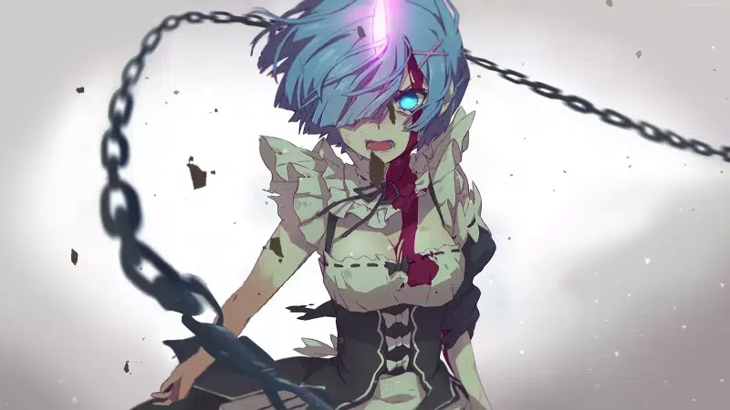 maids uniform, blood, short hair, rem, blue hair, anime girls, horns, blue eyes, chains, anime, maid, re:zero Live Wallpaper