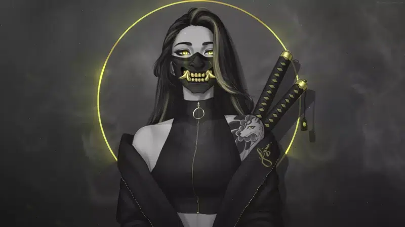 anime girls, dark hair, mask they, anime, yellow eyes, long hair, yellow circle, katana, tattoo, arts Live Wallpaper