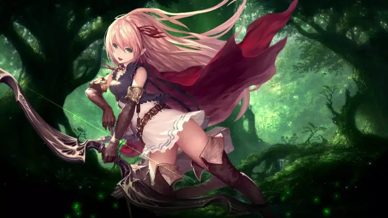forest, green eyes, archer, elf, blond hair, anime girls, anime, shadowverse, long hair, forest, arisa, games, chan with a bow Live Wallpaper