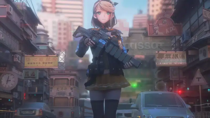skirt, cute girl, anime, soldier girl, chan with a gun, cities, anime girls, street, nice girl, weapon Live Wallpaper