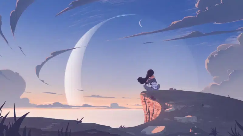 arts, anime, landscapes - nature, wind, anime girls, sad girl, moon, the clouds, sky Live Wallpaper