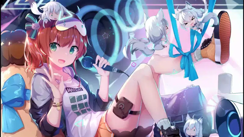 music, matsuri natsuiro, graffiti holo, columns, long hair, anime girls, arts, green eyes, tape, anime, microphone, matsuri natsuiro, red hair Live Wallpaper