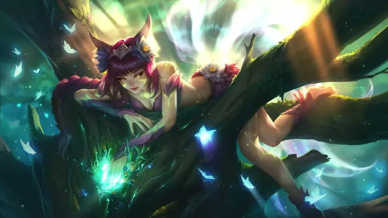 league of legends, ahri, arts, flower, ears, games, anime girls, anime, red hair, long hair, the spirit of the forest, lol, forest, nine - tailed fox Live Wallpaper