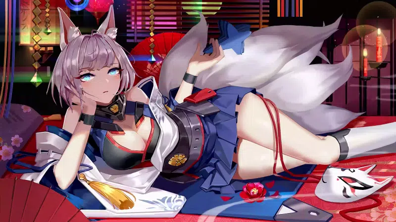 tail, azur lane, kitsune mask, nine - tailed fox, fox, kitsune, anime, games, the azure way, mask, ears, anime girls, kaga, arts Live Wallpaper